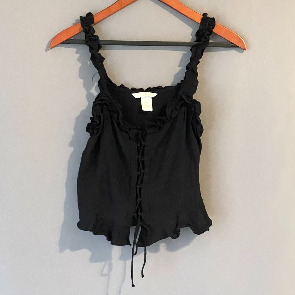 H & M Black Crop Top Ruffle Tie Front Size Small
